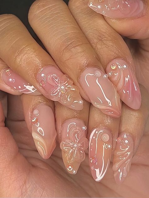 Upgrade Your Look With 24pcs Almond-Shaped Sweet Flower Pearl 3D Sculpted Waves Nail Art Set, Suitable For Women And GirlsI discovered amazing products on SHEIN.com, come check them out! Wave Nails, Nail Art 3d, Korean Nail Art, Girly Acrylic, Nagel Tips, Nail Art Set, Girly Acrylic Nails, Aesthetic Nails, Easy Nails