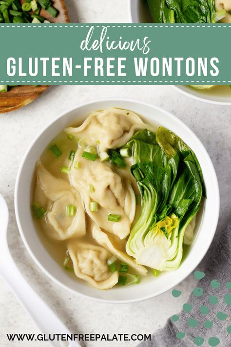 This recipe will show you how to make tender gluten free wonton wrappers, plus give you details on how to make a ground chicken wonton filling and a simple and delicious wonton soup. Wonton Soup Gluten Free, Gf Wonton Wrappers, Gluten Free Dumplings For Soup, Homemade Gluten Free Ravioli, Gf Dumpling Wrappers, Gluten Free Wonton Wrappers Recipes, Korean Gluten Free Recipes, Gluten Free Wonton Soup, Gluten Free Potstickers