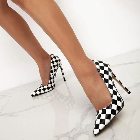 Step onto the party scene with our Black & White Checkered Pattern Heels! 🏁👠 These pointed party pumps are more than just shoes; they're a symbol of your unique style and fashion-forward spirit. Elevate your party attire with a touch of pattern and a dash of chic flair! 💃 Black And White High Heels, White High Heel Shoes, Black And White Heels, Chanel Black And White, Black White Checkered, White High Heels, Party Pumps, Checkered Design, White Heels