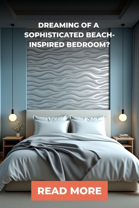 Coastal modern bedroom with metallic silver wave wallpaper Wave Pattern Wallpaper, Modern Bedroom Wallpaper, Beach Inspired Bedroom, Modern Wallpaper Designs, Bedroom Wallpaper, Modern Wallpaper, Wallpaper Bedroom, Beach Inspired, Wave Pattern