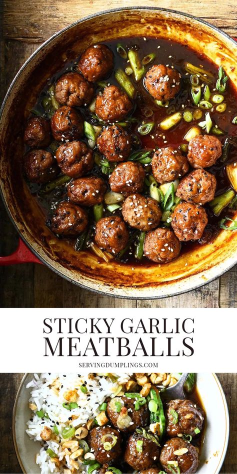 Sticky Garlic Sesame Meatballs Roasted Garlic Meatballs, Baked Asian Meatballs, Soy Sauce Meatballs, Asian Zing Meatballs, Asian Meatballs And Rice, Ground Beef Meatball Recipes, Meatball Recipes Baked, Dumpling Meatballs, Meatball Variations