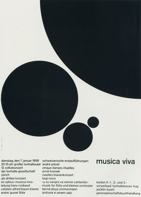 3. Zurich Tonhalle. musica viva. Concert poster, 1958 Joseph Muller, International Typographic Style, Concert Poster Design, Graphic Design Style, Graphisches Design, 타이포그래피 포스터 디자인, Swiss Design, White Poster, Typographic Poster