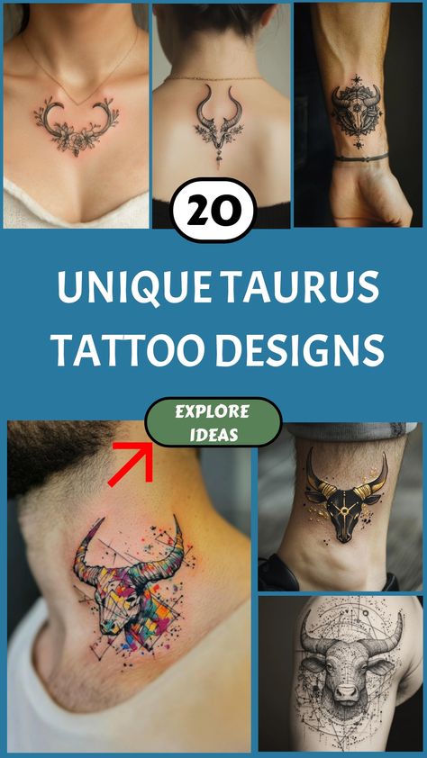 Collage of creative Taurus tattoos, including geometric, floral, and constellation designs. Taurus Constellation Piercing, Taurus Tattoo Behind Ear, Tattoo Zodiac Taurus, Taurus Goddess Tattoos For Women, Cute Taurus Tattoo, Astrology Tattoo Taurus, Taurus Bull Tattoos For Women, Taurus Bull Tattoos Design, Taurus Astrology Tattoo