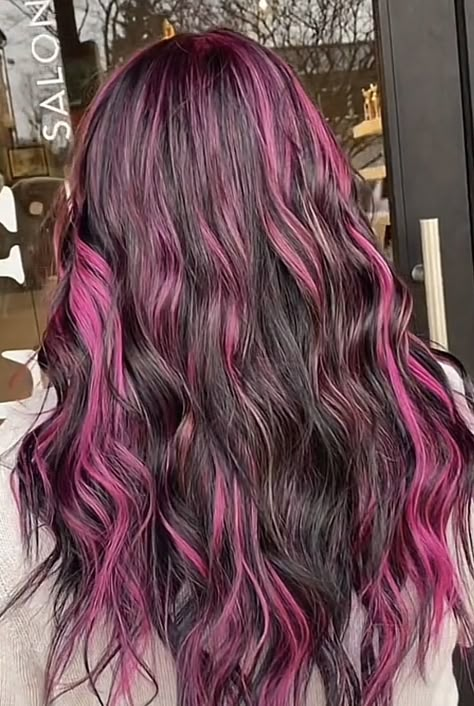 Layer Hair With Highlights, Pink Skunk Hair On Brown Hair, Brown Hair With Dark Pink Highlights, Fushia Highlights, Dark Brown Hair With Pink Streaks, Hot Pink Peekaboo Highlights, Pink Hair Streaks Brunette Short, Skunk Hair Wavy, Dark And Light Pink Hair