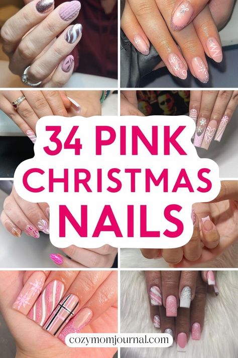 Pink Christmas-themed nail designs in a variety of patterns and styles, including snowflakes, stripes, and glitter accents, with a central text reading "34 Pink Christmas Nails". Pink Snowflake Nail Designs, Pink Christmas Nails French Tips, Christmas Pink And Red Nails, Christmas Pink Nails Acrylic, Pink And Green Holiday Nails, Pink Holiday Nails Winter, Pink Festive Nails, Light Pink Holiday Nails, Pastel Holiday Nails