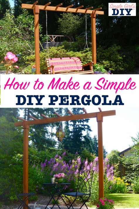 Follow this simple tutorial to make your own free-standing pergola for your patio.  With these easy DIY plans, you can turn your yard into a beautiful outdoor living space on a budget. Free Standing Pergola, Pergola Diy, Small Pergola, Beautiful Outdoor Living Spaces, Cheap Pergola, Pergola Swing, Building A Pergola, Pergola Lighting, Outdoor Remodel