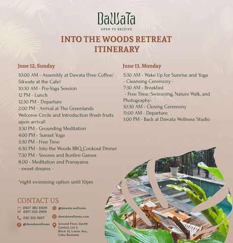 Eyes here 👀 Here are itinerary details for our upcoming Into the Woods Retreat this June 12 to 13! Check it out and prep yourselves for a magical experience! #dawata #dawatawellness #yoga #yogastudio #yogastudiocebu #meditation #health #wellness #opentoreceive #mind #body #soul #giving #tuba #bahalina #kidsyoga #summer #kidssummeryoga Yoga Retreat Activities, Wellness Retreat Itinerary, Retreat Itinerary, Retreat Activities, Grounding Meditation, Fall Yoga, Fitness Retreat, Personal Retreat, Wellness Studio