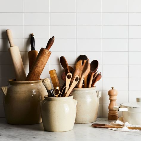 French Countryside Kitchen, French Countryside Aesthetic, Storage Box Design, Trendy Kitchen Decor, French Inspired Kitchen, Kitchen Credenza, Old Crock, Vintage Stoneware Crocks, Countryside Kitchen