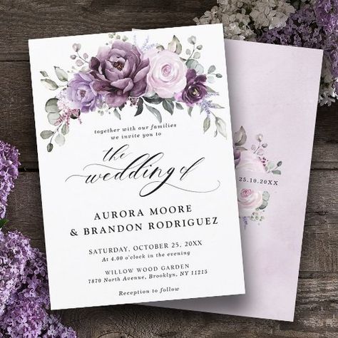 $2.65 | Shades of Dusty Purple Blooms Moody Floral Wedding | Wedding Invitations | dusty shades purple amethyst blossoms, heather periwinkle plum lavender mauve, pale lilac eggplant moody botanical, wildflower greenery foliage light pastel, spring garden watercolor soft floral, elegant bohemian boho summer flowers, romantic rose chic luxurious wedding, modern autumn fall sage wreath, simple eucalyptus stylish mid theme, trendy unique peony violet whimsical Paper Plates Wedding, Botanical Wedding Invitations, Spring Wedding Invitations, Purple Wedding Invitations, Fall Wedding Invitations, Wedding Invitations Boho, Luxury Wedding Invitations, Wedding Envelopes, Rsvp Wedding Cards