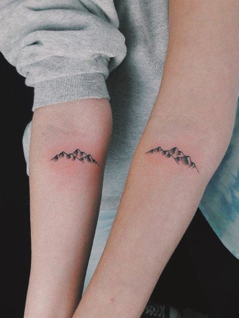 Matching Moutain Tattoos, Mom And Daughter Tattoos Nature, Matching Tattoos Mountains, Mountain Tattoo Matching, Matching Mountain Tattoos Couples, Matching Outdoor Tattoos, Best Friend Mountain Tattoos, Sister Mountain Tattoo, Mountain Couple Tattoo