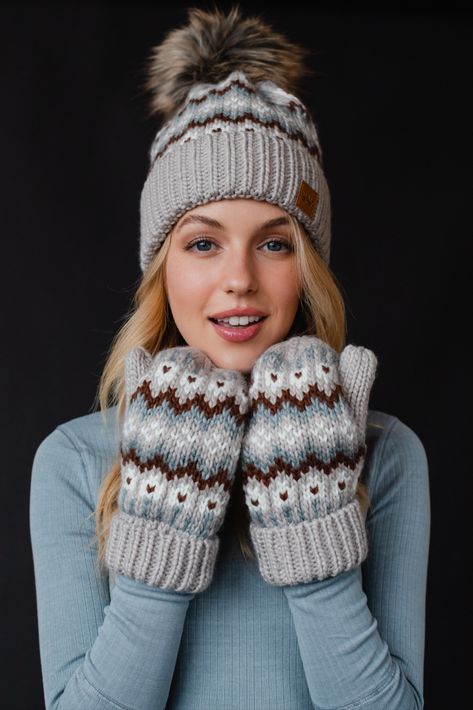 Patterned mittens are the perfect way to top off your chilly weather looks! This taupe, brown, white and gray patterned knit mittens is at the top of our lists this season. Women's Mittens, Holiday Hats, Winter Mittens, Taupe Grey, Winter Pattern, Mittens Pattern, Knit Mittens, Fall Accessories, Cozy Knit