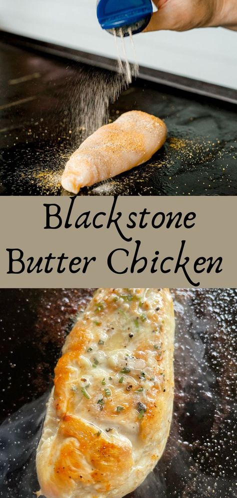 Top Photo: A Blackstone Griddle with a raw chicken breast topped with seasonings.  Bottom Photo:  A fully cooked chicken breast topped with garlic herb butter as it is cooking on a Blackstone Griddle. Blackstone Butter Chicken, Stuff To Make On The Grill, Sides To Make On Blackstone, Grilled Chicken Recipes Blackstone, Easy Griddle Meals Dinners, Keto Flat Top Grill Recipes, How To Cook Chicken On Blackstone Grill, Blackstone Chicken And Potatoes, Frozen Chicken On Blackstone