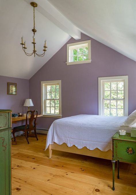 Purple Farmhouse Blends Old and New - Town & Country Living Farmhouse Purple Bedroom, Pale Purple Bedroom, Purple Cottagecore Bedroom, Purple Farmhouse Bedroom, Lavender Bedroom Ideas For Women, Purple Walls Bedroom Ideas, Purple Bedroom Paint, Melody Bedroom, Bedroom Purple Walls