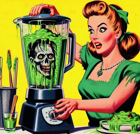 Pulp Horror Art Vintage, Horror Pulp Art, Horror Pinup, Horror Pop Art, Retro Zombie, Recipe Artwork, Spooky Prints, Ghoul School, Happy Halloween Pictures