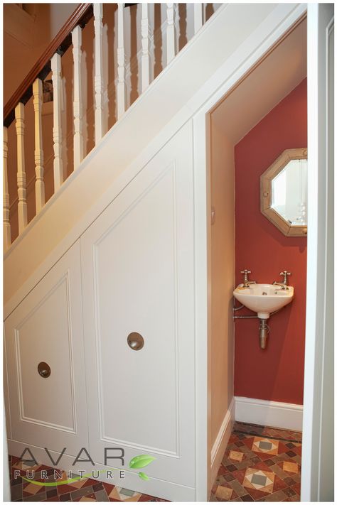 07 Traditional style under stairs unit from Avar Furniture Under Stairs Toilet And Storage, Shelves Under Stairs, Understairs Toilet, Bathroom Under Stairs, تحت الدرج, Bathroom Storage Shelves, Tiny Bathrooms, Small Toilet, Understairs Storage