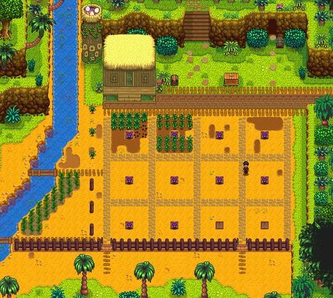 Ginger Island Farm Layout Stardew Valley, Stardew Island Farm, Stardew Valley Island Farm Layout, Ginger Island Stardew Valley, Stardew Valley Island Farm, Stardew Ginger Island Farm, Ginger Island Farmhouse, Stardew Valley Island House, Ginger Island House Stardew Valley