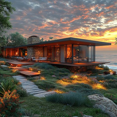 Experience coastal bliss at this Mid-Century Modern Beach House in Malibu, spanning 7,000 sqft. The vibrant color grading under the sunset's golden light accentuates textures, capturing California's beachfront charm. Let this AI-rendered masterpiece inspire your luxurious oceanside living dreams. Can you hear the ocean waves or feel the cool Californian breeze? Share your thoughts below! 🌊🌅 #DreamHomeInspiration #LuxuryInteriors #MidCenturyModernStyle #BeachHouse #MalibuCoastline #GoldenHour #LuxuryLiving #LuxuryDesign #LuxuryLifestyle #HomeGoals #InspiringHomes #LuxuryTravel Beach House Mid Century Modern, Airbnb Moodboard, Beach House Malibu, Modern California Home, Mid Century Beach House, Beach House Modern, House In Malibu, Mid Century Coastal, Beach Houses Architecture