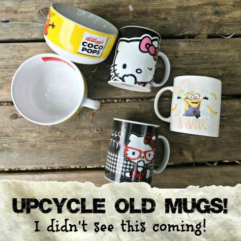 Crafts Using Old Coffee Mugs, Coffee Mug Planter Diy, Recycled Coffee Cups, Mug Repurpose, Repurposed Coffee Mugs, Mug Upcycle, Old Mugs Repurpose, Upcycle Coffee Mugs, Repurpose Coffee Mugs