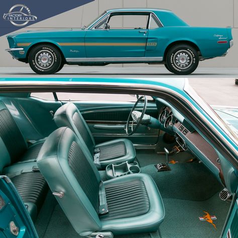 1968 Ford Mustang California Special in Gulfstream Aqua with Aqua interior. #FordMustang #Mustangs #LogoFloorMats Aqua Interior, Mustang California Special, Car Paint Colors, 1968 Ford Mustang, Factory Interior, 1968 Mustang, Vintage Mustang, 1965 Mustang, Ford Mustang Coupe