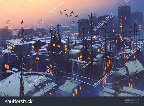 painting of city snowy winter scene,rooftops covered with snow at sunset Painting Of City, Winter Scene Paintings, Winter City, Winter Szenen, Dark City, Night Landscape, Scenic Art, Snowy Winter, Fantasy Places