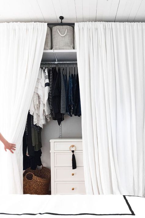 Curtain Wardrobe, Elfa Shelving, Diy Daybed, Small Closet Space, Closet Curtains, Open Closet, Diy Wardrobe, Small Closets, Small Space Storage