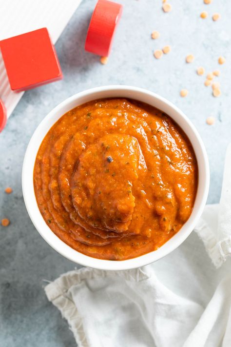 Red Lentil Pasta Sauce, Red Lentil Baby Food Recipe, Baby Pasta Sauce, Lentil Pasta Sauce, Sweet Potato Pasta Sauce, Lentil Pizza, Sweet Potato Sauce, Red Sauce Pasta Recipe, Red Lentil Pasta