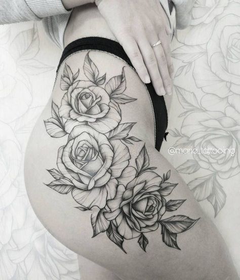 Flower Hip Tattoos, Rose Tattoo Thigh, Sunflower Tattoo Shoulder, Flower Thigh Tattoos, Hip Thigh Tattoos, Marquesan Tattoos, Hip Tattoos Women, Sunflower Tattoos, Tattoo Women