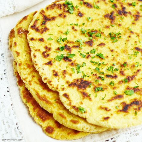 Chickpea Flour Naan {vegan, grain-free, easy} | powerhungry® Chickpea Naan, Chickpea Flour Bread, Chickpea Flour Recipes, Gluten Free Flatbread, Garbanzo Bean Flour, Flat Breads, Bean Flour, Vegan Pancakes, Naan Bread