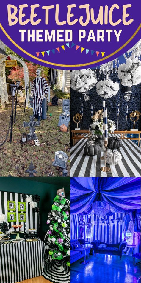 Beetlejuice Themed Party Ideas Beetlejuice Table Centerpiece, Beetlejuice Table Decor, Beetlejuice Party Games, Beetle Juice Themed Party, Beetle Juice Party, Beetlejuice Birthday Party, Beetlejuice Party Ideas, Beetlejuice Decor, Beetlejuice House