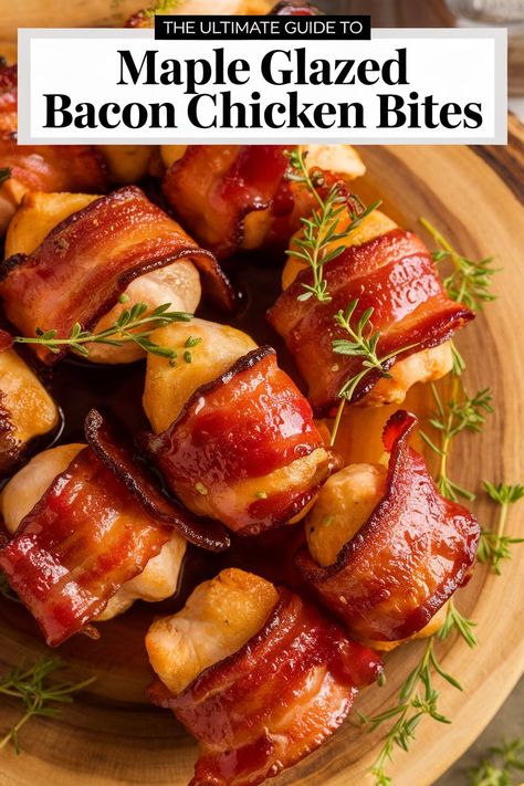 Delicious maple glazed bacon chicken bites - a perfect combination of sweet and savory flavors in every bite. Maple Glazed Chicken Bites, Chicken Bacon Bites Brown Sugar, Bacon Chicken Bites, Maple Glazed Bacon, Bacon Dates, Teriyaki Glazed Salmon, Bacon Wrapped Chicken Bites, Maple Chicken, Dorito Chicken