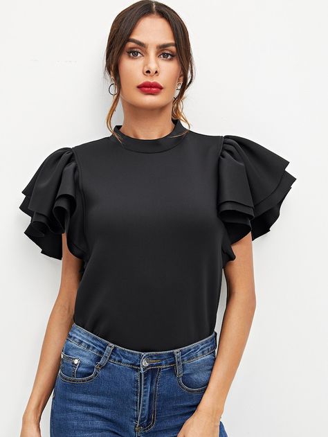 Tiered Sleeve, Peplum Crop Top, Flutter Sleeve Blouse, Party Blouse, Chic Blouses, Satin Blouses, Blouse Online, Girly Fashion, Flutter Sleeves