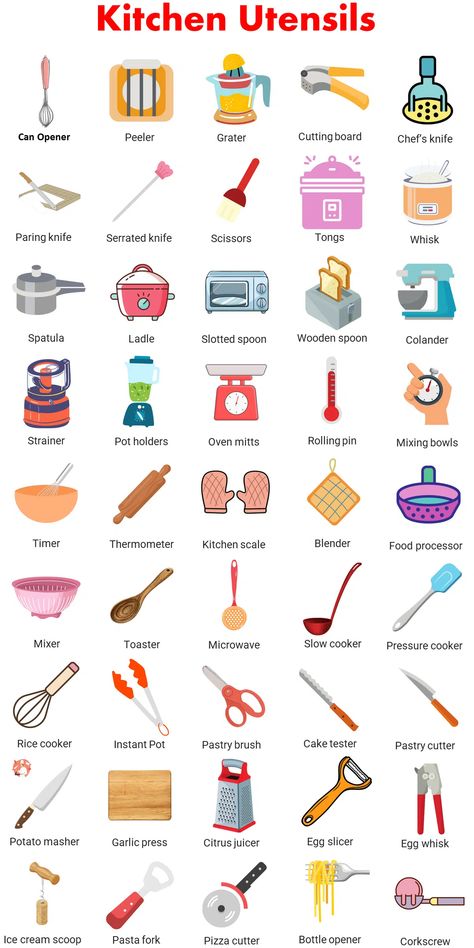 List Of 100+ Kitchen Utensils Names With Pictures And Uses » SpokenEnglishTips.com Kitchen Utensils List Cooking Tools, Kitchen Utensils Aesthetic, Kitchen Utensils Drawing, Kitchen Tools Drawing, Cute Kitchen Utensils, Aesthetic Hobbies, Hobbies Aesthetic, Aesthetic Hobby, Kitchen Utensils List