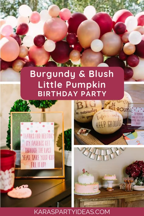 Burgundy & Blush Little Pumpkin Birthday Party via Kara's Party Ideas - KarasPartyIdeas.com Burgundy And Blush First Birthday, Burgundy And Blush Pumpkin Birthday, My Pumpkin Is Turning One, Burgundy And Blush Birthday Party, One Year Birthday Party Ideas Fall, Party Menu Ideas Birthday, Fall First Birthday Ideas, Thanksgiving 1st Birthday Girl, Fall 2nd Birthday Party For Girl