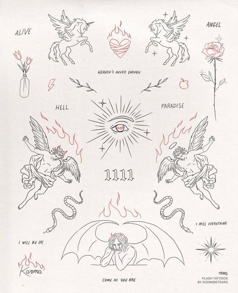 Detail Tattoos, Tattoos Line Work, Tattoo Angel Numbers, Angel Numbers 1111, Good And Evil Tattoos, Tattoo Devil, Pegasus Tattoo, Angel Devil Tattoo, Evil Unicorn