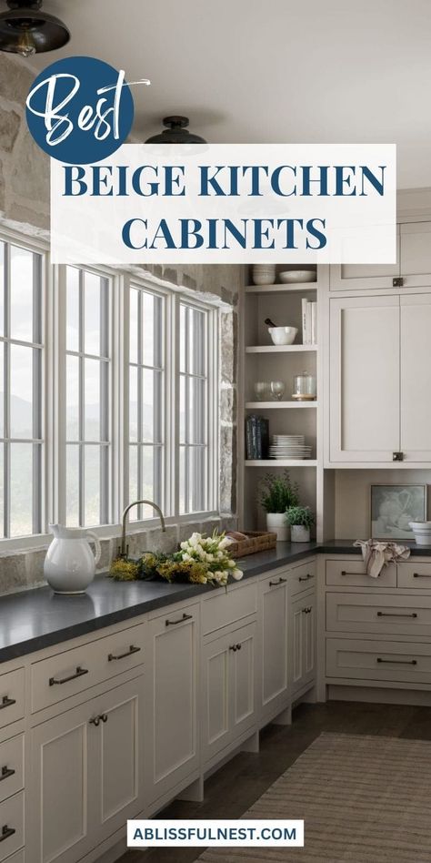 Beige kitchen cabinets are the perfect way to add warmth without being too bold! They blend beautifully with almost any design style, from modern to farmhouse. Whether you’re pairing them with marble countertops or wood accents, beige adds that cozy, timeless feel. Check out these ideas for some serious kitchen inspo! #beigekitchen #neutralcabinets #kitchengoals Beige Cabinet Kitchen Ideas, Beige Kitchen Cabinets Black Hardware, Beige Cabinets Black Hardware, Accessible Beige Kitchen Cabinets, Accessible Beige Cabinets, Cream Cabinets Kitchen, Cabinet Kitchen Ideas, Neutral Cabinets, Beige Kitchen Cabinets