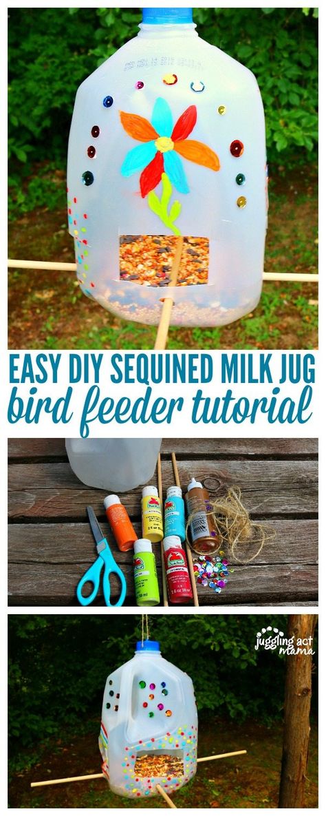 Milk Jug Bird Feeder, Backyard Ideas Kids, Jug Bird Feeder, Bird Feeders Diy Kids, Bird Feeders For Kids To Make, Milk Jug Crafts, Kids Milk, Milk Cartons, Recycled Art Projects