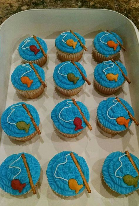 Fish Shaped Desserts, Food Ideas For Bday Party, Fishing Pole Cupcakes, Diy Fish Birthday Cake, Cupcake Fish Cake, Oh Fishally One Birthday Cupcakes, Officially One Cupcakes, Fishing Theme Cupcakes Boy Birthday, Fish And Chips Party Ideas