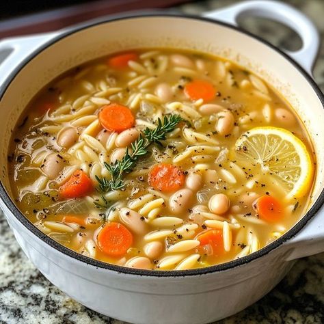 cookefast | Zesty Lemon White Bean Orzo Soup for the Soul | Facebook White Bean Orzo, Orzo Soup, Soup For The Soul, Bean Soup Recipes, Bowl Of Soup, White Bean, Looks Yummy, Bean Soup, White Beans