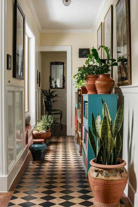 Discover stylish indoor gardens with large decorative pots for plants. Perfect for creating a beautiful and functional green space. #IndoorPlants #DecorativePots #IndoorGarden Indoor Garden Room Ideas, Plants In Entryway, Large Hallway Decor, Door Entry Decor, Apartment Hallway Ideas, Hallway Plants, Decorating With Plants, Indoor Garden Rooms, Plant Apartment