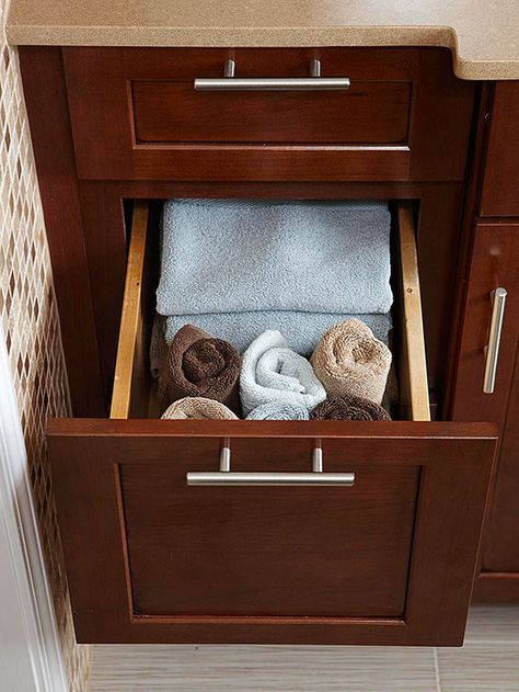 Love this deep bathroom drawer for storing towels Towel Storage In Bathroom, Towel Drawer, Storage In Bathroom, Deep Cabinet, Fancy Towels, Bathroom Cabinets Designs, Bathroom Towel Decor, Bathroom Storage Ideas, Bathroom Drawers