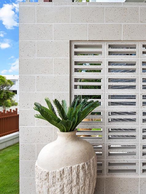 Designer Blocks NSW & QLD - Smooth, Breeze, Polished, Honed face Brick Breeze Wall, Breeze Block Front Entrance, Breeze Block Front Fence, Brick Wall Design Outdoor, Breeze Block Fence, Breeze Blocks Ideas, Modern Breeze Blocks, Pavers Landscaping, Decorative Concrete Blocks