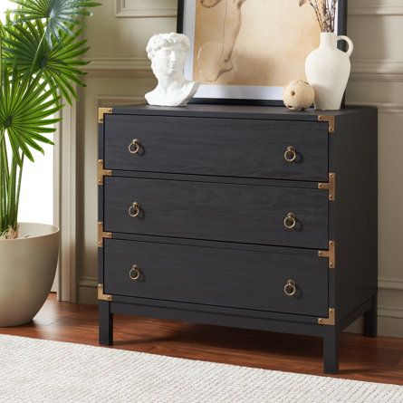 Everly Quinn Kahlif Accent Chest | Wayfair China Cabinet Bar, Ring Pulls, 3 Drawer Dresser, Accent Chest, 3 Drawer Chest, Effortless Beauty, Wood Joinery, Wood Dresser, Bedroom Furniture Dresser