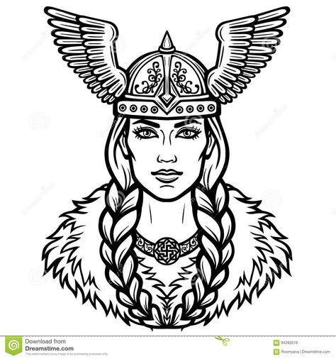 Portrait Of The Beautiful Young Woman Valkyrie In A Winged Helmet. Stock Vector - Illustration of ancient, helmet: 94283216 God And Goddess Drawing, Goddess Drawing, Viking Drawings, Arte Viking, God And Goddess, Helmet Tattoo, Symbole Viking, Pagan Goddess, Monochrome Illustration