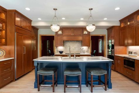 Cherry Kitchen Cabinets, Cherry Wood Kitchen Cabinets, Cherry Wood Kitchens, Cherry Wood Cabinets, Blue Kitchen Island, Cherry Kitchen, Cherry Cabinets, Wood Kitchen Cabinets, Home Remodel