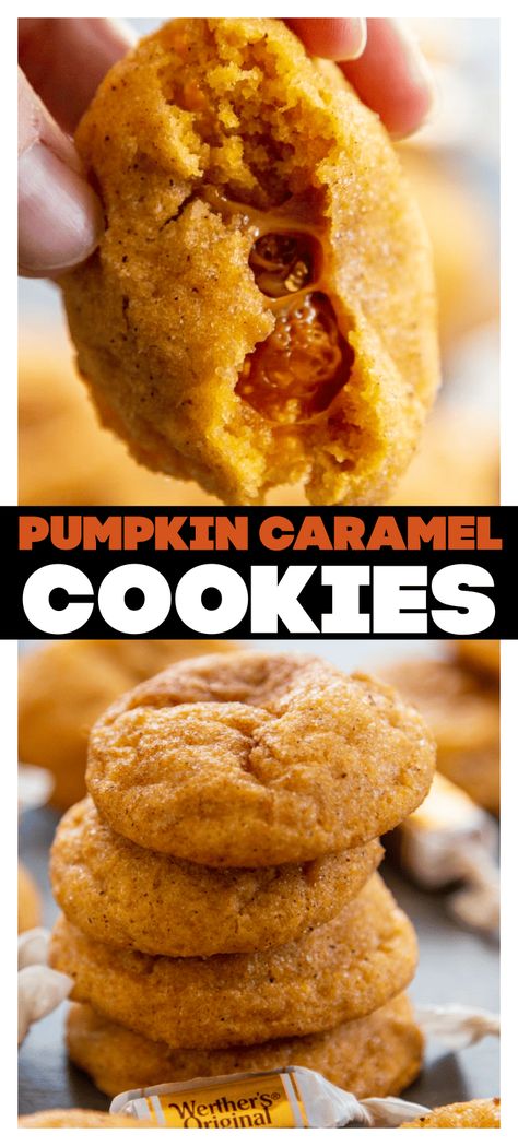 Pumpkin Caramel Cookies Pumpkin Nut Cookies, Pumpkin Cookies With Brown Butter Icing, Werthers Caramel Cookies, Pumpkin Treats, Pumpkin Dip, Pumpkin Sugar Cookies, Pumpkin Cookie Recipe, Butter Icing, Pumpkin Treat