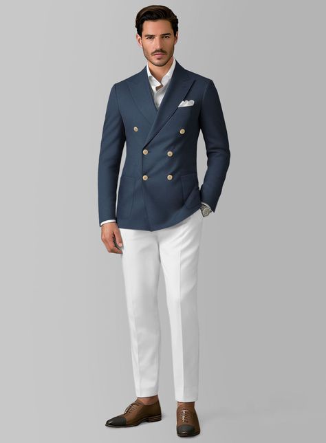 The essence of a gentleman's attire is found in simplicity and sophistication, traits that are beautifully embodied by our White Blue Cotton Suit. This suit is meticulously tailored from a cotton-lycra blend that ensures both comfort and durability. The ensemble features crisp white pants paired with a distinct mid-range blue jacket, offering a stylish and memorable look ideal for making a bold statement. This elegantly designed suit provides the perfect blend of functionality and style, with added stretch to ensure you remain comfortable while looking impeccably sharp in any scenario.  Look Includes    Blue Stretch Chino  Jacket Fabric    White Stretch Chino Pant Fabric   Double Breasted Jacket Style  Peak Lapel   Corozo     Ivory  Buttons  Single Vent  Three Cuff Buttons  Two Welted Back White And Blue Suit Men, Blue Blazer White Pants Men, Mens Suits Style Modern Classy 2024, Wedding Style Men, Double Breasted Suit Men Wedding, White And Blue Suit, White Suit Men, Suit For Men Stylish, Double Breasted Blazer Men