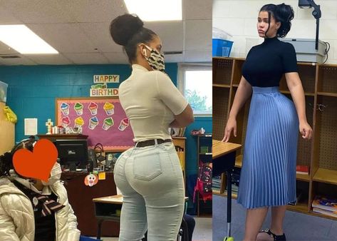 A curvy art teacher Roxsana Diaz from New Jersey is being trolled by parents and social media users for posting tight clothing. How To Be Curvy, Cute Teacher Outfits Elementary, Elementary Teacher Outfits, Curvy Teacher Outfits, High School Teacher Outfits, Skirt And Tights Outfit, Professional Teacher Outfits, Clothes Curvy, School Teacher Outfits