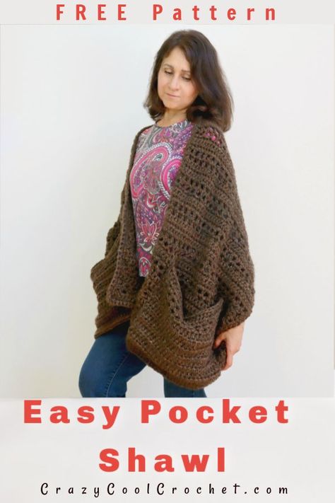 FREE Pattern and VIDEO for this easy crochet pocket shawl designed especially for crochet beginners! Make the hottest trending crochet pocket shawl for yourself or as a crochet gift. Uses chunky yarn to work up super FAST. #crochetpocketshawl #easycrochetpocketshawl #crochetshawl #crochetwrap #crochetforbeginners #freecrochetpatterns #crochetpatternsfree #crazycoolcrochet #crochetgiftideas Crochet Pocket Shawls, Crochet Pocket Shawl, Easy Crochet Shawl, Pocket Shawl, Crochet Shawl Patterns, Crochet Wraps, Crochet Pocket, Pocket Scarf, Crochet Wrap Pattern