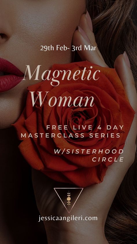 For the Woman who desires for more, the feminine way. In this 4 day Masterclass Series Magnetic Woman we dive into the gifts of your Feminine. This is all about receiving through becoming the embodiment of love, how pleasure will be your healing medicine to the contraction and numbness and how to start cultivating the BIG love in your life that feels aligned and at peace. Join the FREE 4 Day Masterclass Series. Happening 29th Feb- 3rd March Sign up now. Magnetic Woman, High Value Woman, At Peace, Comparing Yourself To Others, Knowing Your Worth, Spiritual Path, Really Love You, Self Healing, Big Love