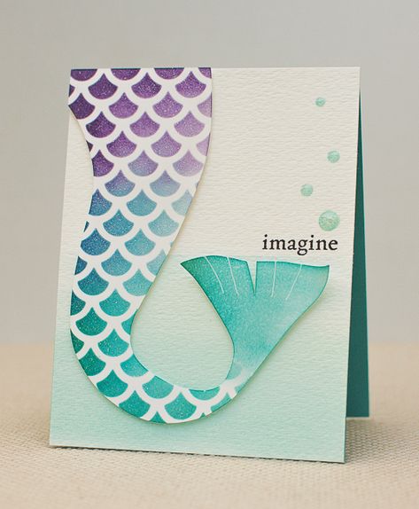 12 DIY TUTORIALS FOR YOUR INNER MERMAID – Mad in Crafts Stenciled Cards, Mermaid Cards, Diy Mermaid Tail, Mermaid Card, Mermaid Stuff, Paper Crafts Magazine, Mermaid Crafts, Mermaid Room, Heat Embossing